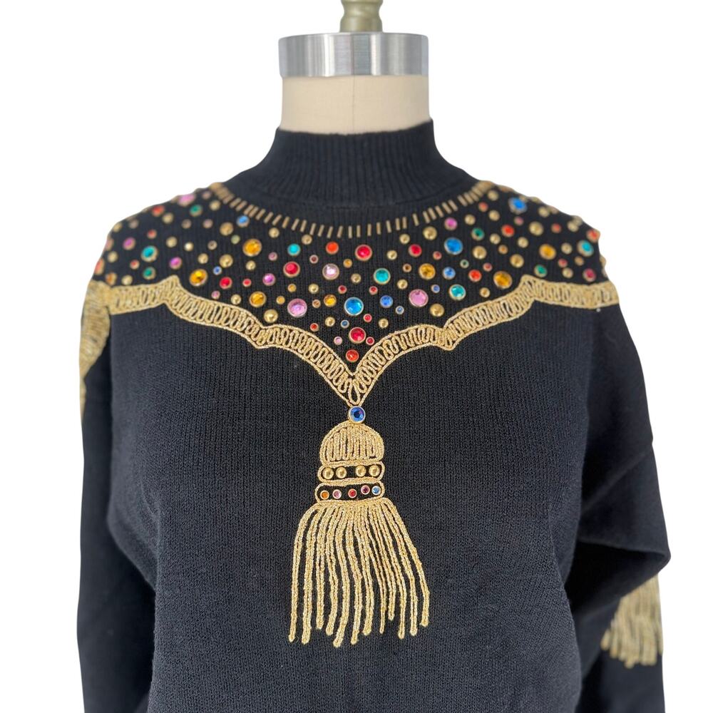 Vintage 80s Antonella Preve NY Gold Tassel + Studs + Rhinestone Sweater Medium - Picture 8 of 16